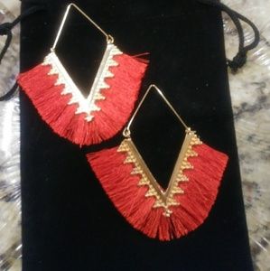 3/$20-. Boho V Shaped Red Tassel Earrings